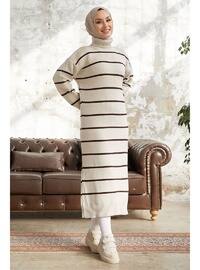 Ecru - Stripe - Unlined - Polo neck - Knit Dresses