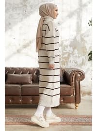 Ecru - Stripe - Unlined - Polo neck - Knit Dresses