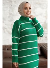 Green - Stripe - Unlined - Polo neck - Knit Dresses