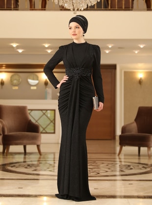 Black - Fully Lined - Crew neck - Modest Evening Dress - Ahunisa