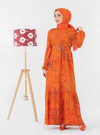 Orange - Multi - Crew neck - Unlined - Modest Dress - Sevit-Li