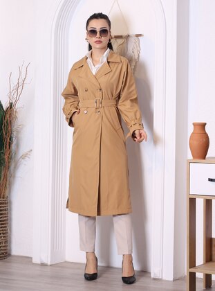 Camel - Unlined - Double-Breasted - Trench Coat - Jamila