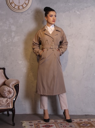 Dark Beige - Unlined - Double-Breasted - Trench Coat - Jamila