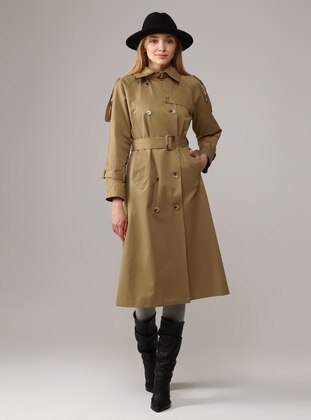 Camel - Unlined - Double-Breasted - Trench Coat - Jamila