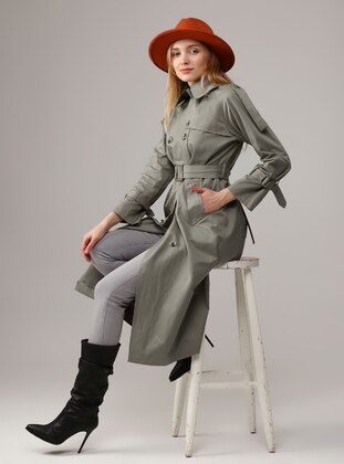 Olive Green - Unlined - Double-Breasted - Trench Coat - Jamila