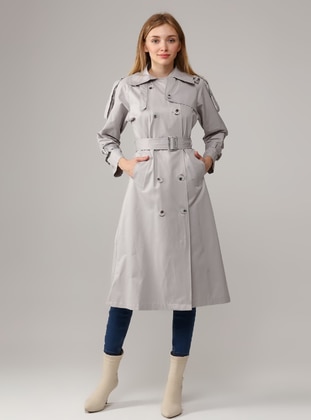 Grey - Unlined - Double-Breasted - Trench Coat - Jamila