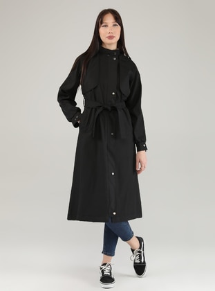 Black - Unlined - Double-Breasted - Trench Coat - Jamila