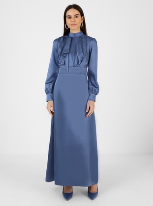 Blue - Fully Lined - Crew neck - Modest Evening Dress  - Semra Aydın