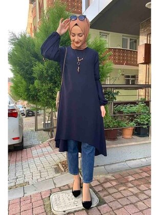 Balloon Sleeve Necklace Detailed Hijab Tunic Navy Blue