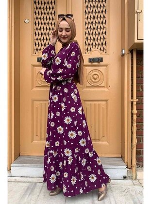 Patterned Modest Dress With Belt Detail Purple