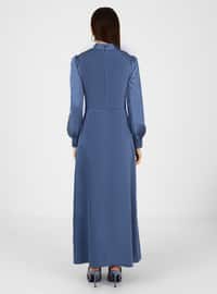 Blue - Fully Lined - Crew neck - Modest Evening Dress