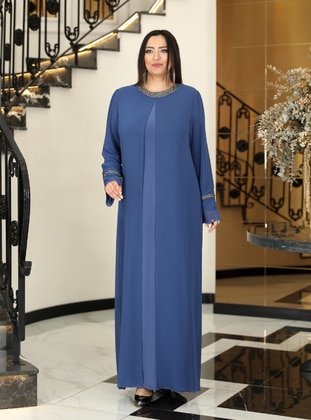 Blue - Unlined - Crew neck - Plus Size Evening Dress  - Fuval Moda