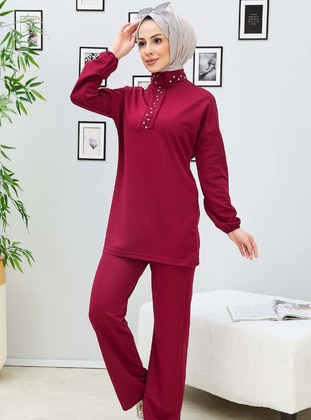 Burgundy - Unlined - Polo neck - Suit - Tofisa