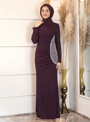 Maroon - Fully Lined - Crew neck - Modest Evening Dress  - Semra Aydın