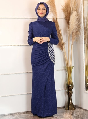 Saxe Blue - Fully Lined - Crew neck - Modest Evening Dress  - Semra Aydın
