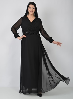 Black - Fully Lined - V neck Collar - Modest Plus Size Evening Dress - LILASXXL