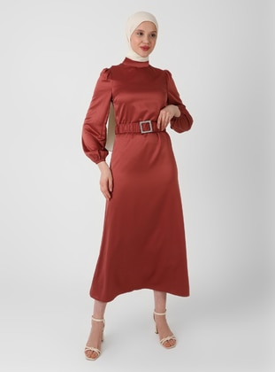 Copper color - Half Lined - Crew neck - Modest Evening Dress  - Semra Aydın