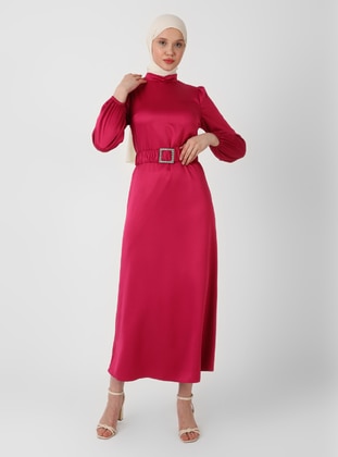 Fuchsia - Half Lined - Crew neck - Modest Evening Dress  - Semra Aydın