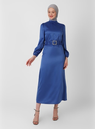 Blue - Half Lined - Crew neck - Modest Evening Dress  - Semra Aydın