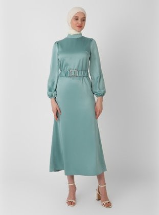 Mint Green - Half Lined - Crew neck - Modest Evening Dress  - Semra Aydın