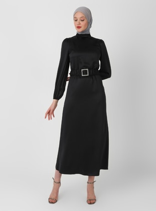Black - Half Lined - Crew neck - Modest Evening Dress  - Semra Aydın