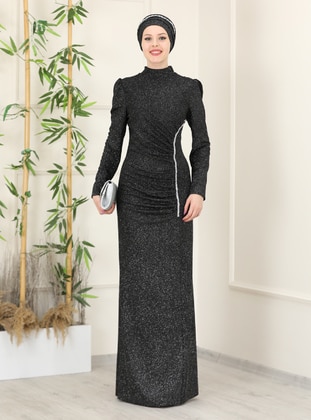 Black - Fully Lined - Crew neck - Modest Evening Dress - Esmaca