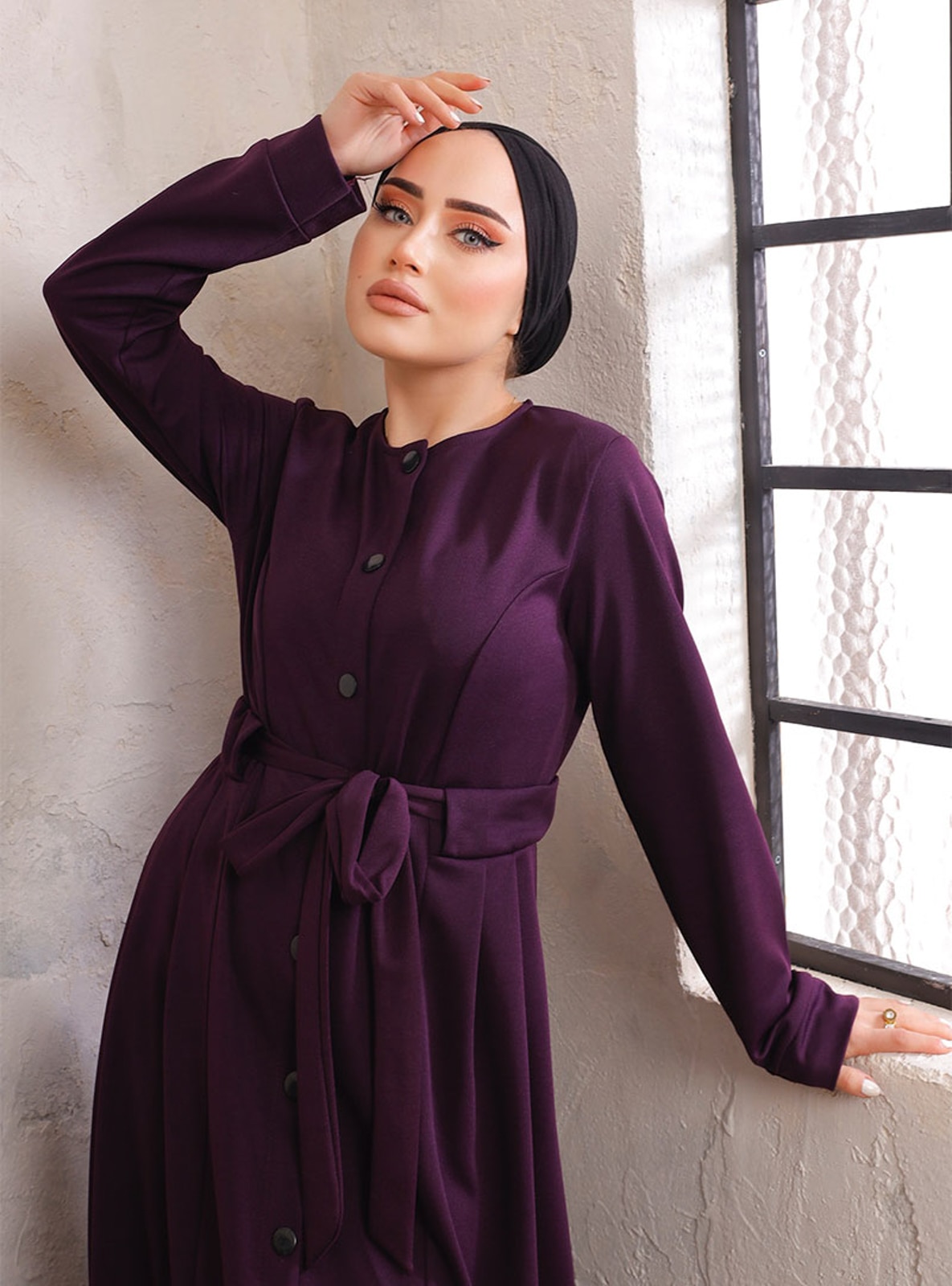 Purple - Crew neck - Unlined - Modest Dress