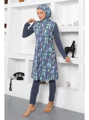 Patterned Hijab Swimsuit Gray 16600
