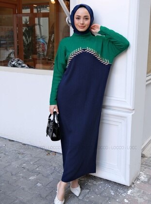 Navy Blue - Green - Knit Dresses - Locco Moda