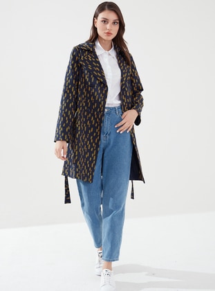 Patterned - Fully Lined - Shawl Collar - Trench Coat  - Sahra Afra