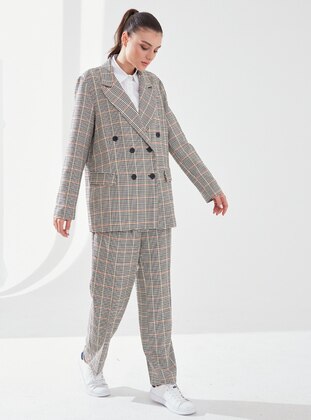 Patterned - Plaid - Fully Lined - Shawl Collar - Suit  - Sahra Afra