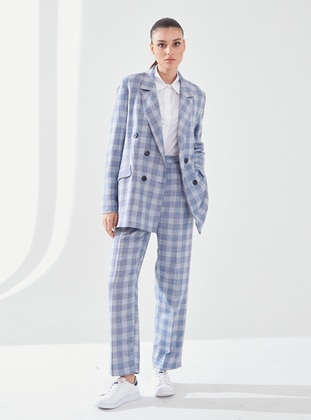 Blue - Checkered - Fully Lined - Shawl Collar - Suit  - Sahra Afra
