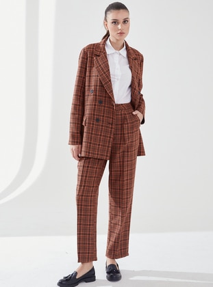Brown - Plaid - Fully Lined - Shawl Collar - Suit - SAHRA AFRA