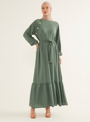 Green Almon - Crew neck - Unlined - Modest Dress - Womayy