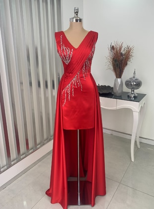 Fully Lined - Red - V neck Collar - Evening Dresses - Rana Zenn