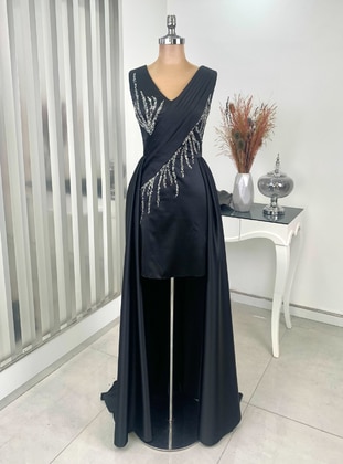 Fully Lined - Black - V neck Collar - Evening Dresses - Rana Zenn