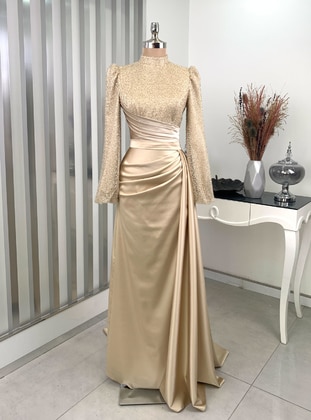Gold color - Fully Lined - Crew neck - Modest Evening Dress - Rana Zenn