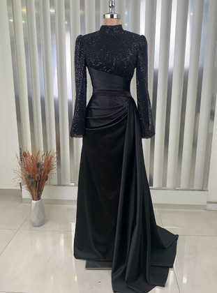 Black - Fully Lined - Crew neck - Modest Evening Dress - Rana Zenn