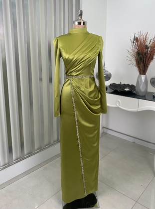 Olive Green - Fully Lined - Crew neck - Modest Evening Dress - Rana Zenn