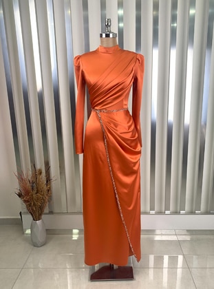 Orange - Fully Lined - Crew neck - Modest Evening Dress - Rana Zenn
