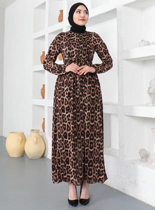 Leopard Print - Multi - Crew neck - Unlined - Modest Dress  - Ecesun