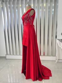 Fully Lined - Red - V neck Collar - Evening Dresses