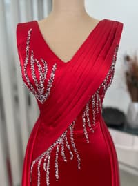 Fully Lined - Red - V neck Collar - Evening Dresses