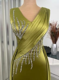 Fully Lined - Olive Green - V neck Collar - Evening Dresses