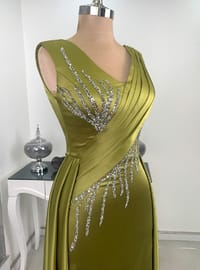 Fully Lined - Olive Green - V neck Collar - Evening Dresses