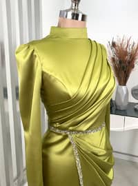 Olive Green - Fully Lined - Crew neck - Modest Evening Dress