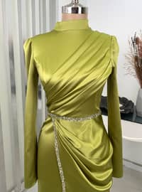 Olive Green - Fully Lined - Crew neck - Modest Evening Dress