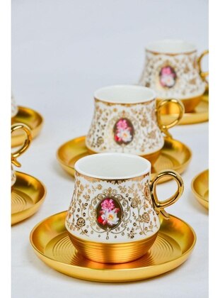 Acar Porcelain Gold Color Decor Pattern Coffee Color Cup 6 Persons Red Koh10671