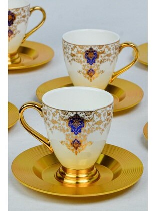 Acar Porcelain Gold Color Decor Patterned Coffee Color Cup For 6 People Blue Koh10669