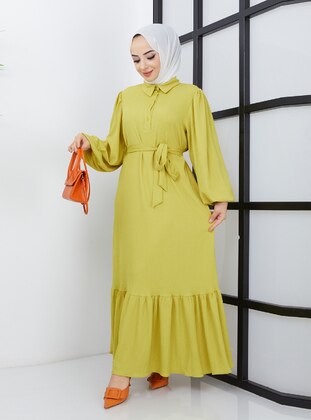 Pistachio Green - Button Collar - Unlined - Modest Dress - Bayanca Moda